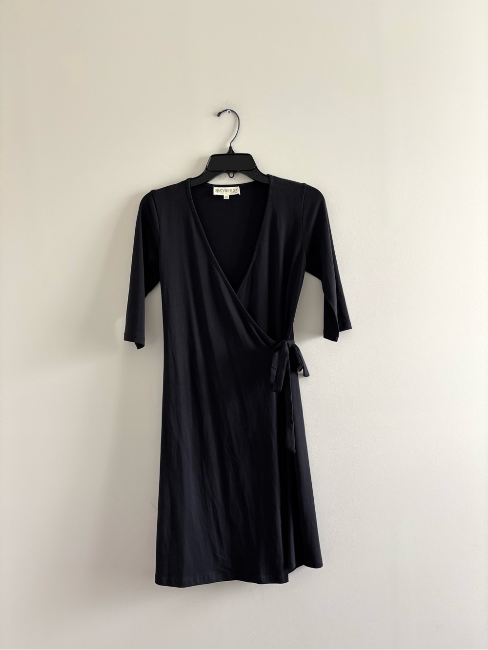 Synergy Organic Cotton Wrap Dress Black Women XS Minimalist Classic Office